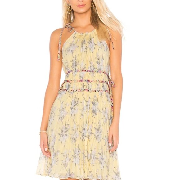 Rebecca Taylor Lemon Rose Goddess Pleat Floral Yellow Ties Midi Dress XS $495 - Picture 5 of 10